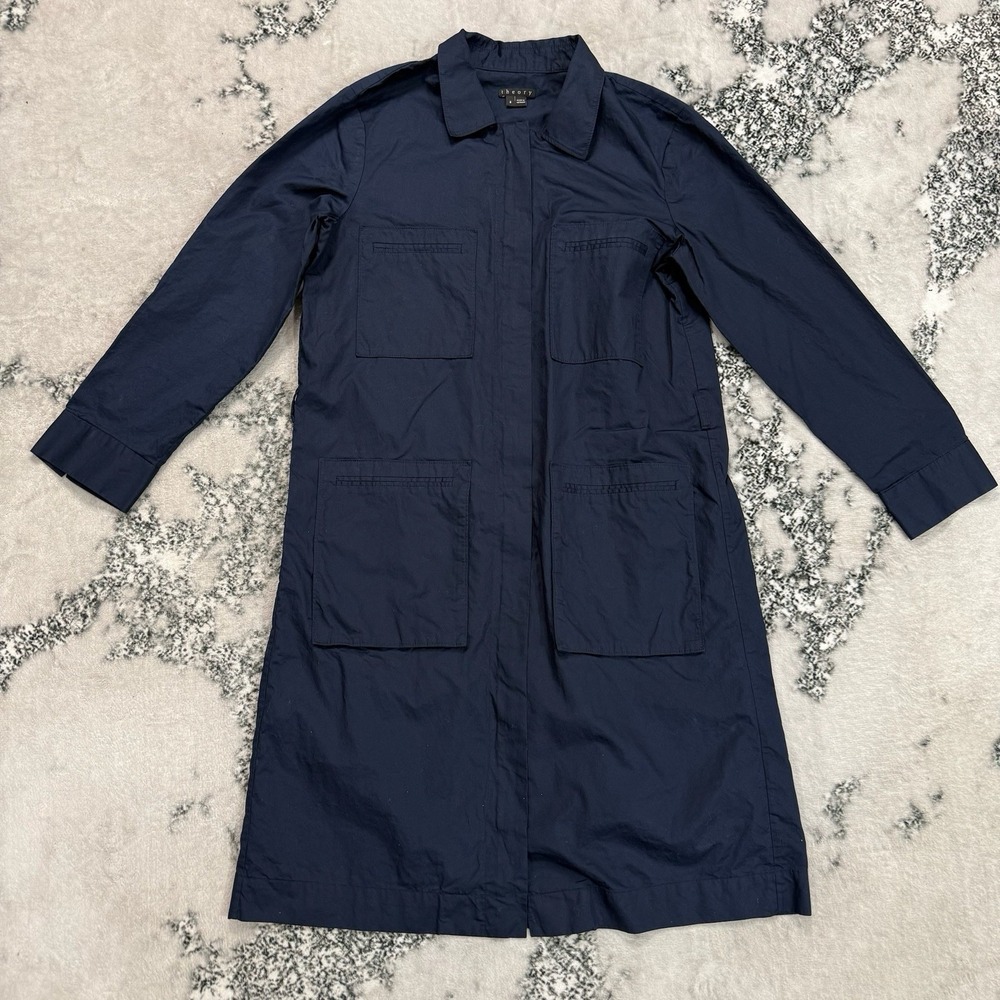 Theory Utility Shirt Dress Womens 8 Navy Button Front Long Sleeveβ Pocket Midi